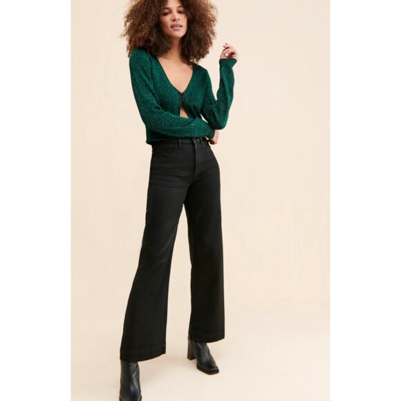 Anthropologie DL1961 Black Velvet Hepburn High Wide Leg Pants Jeans NWT Size 24